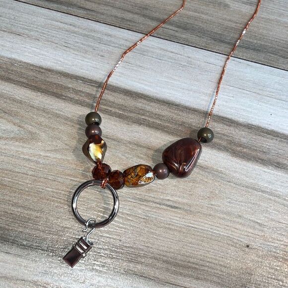 Beaded Lanyard Necklace With Clip Silver Tone - Picture 1 of 7